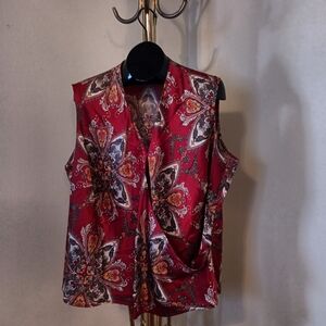 Talbots Red Tie Front Blouse with Mandarin Collar